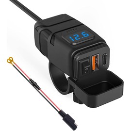 Kriogor Motorcycle Car Charger with QC 3.0 USB Socket and Type-C Port, IP65 Waterproof Dustproof Motorbike USB Adapter with 6-30V LED Voltmeter and On/Off Switch for 12V Boat Marine SUV (Blue)