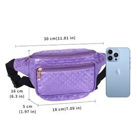 Geestock Holographic Bum Bag for Women/Girls, PVC Waterproof Shiny Waist Bag, Ladies Purple Bum Bag with Adjustable Belt for Travel, Party, Festival Rave, Running, Hiking,Swimming