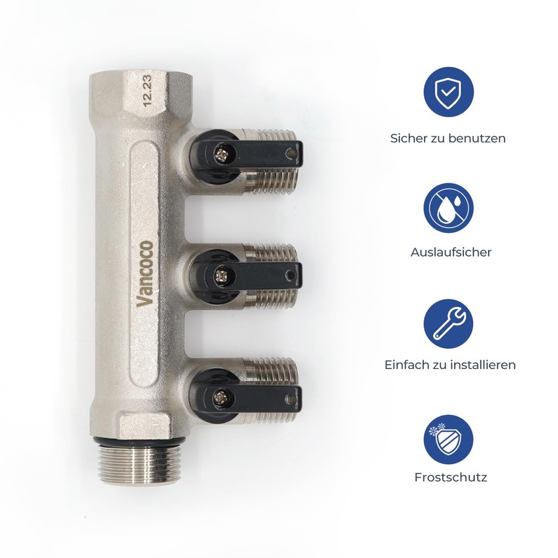 Vancoco Sanitary Brass Splitter Triple with Shut-Off Valve 3/4 Inch