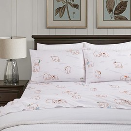 Lodge & Linen Flannel Sheets Full Size Rich Cotton -High GSM Flannel Bed Sheet Deep Pockets - Warm & Cozy Flannel Sheet Set for All Seasons (Snow Bear)