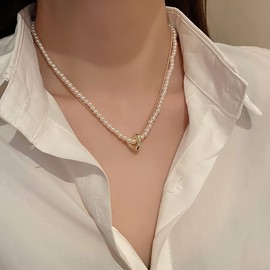 Layered Pearl Necklace Love Necklace Choker,Simple Fashion Pearl Necklace Accessories,Dainty Freshwater Pearl Choker Necklaces Jewelry for Women (A)