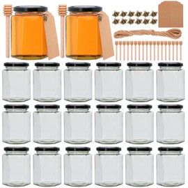 Woaiwo-q 10 oz Honey Jars with Dipper, 20 Pack Hexagon Glass Jars with Black Lids, Wooden Honey Sticks for Baby Shower Favors/Wedding Favors for Guests