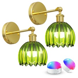 SMARYONG Vintage Battery Operated Wall Sconces Set of Two, with Green Tulip Glass Lampshade, Wireless Rechargeable Battery Powered Wall Light for Bedroom Living Room Bathroom Hallway Home Decor