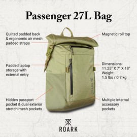 Roark Passenger 27L 2.0 Backpack, Travel Day Pack with Laptop Storage, Light Army