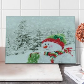 Ambesonne Christmas Cutting Board, Snowman in a Snowy Woodland Holiday Themed Arrangement Winter Season Print, Decorative Tempered Glass Cutting and Serving Board, Large Size, White and Red
