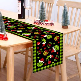 Pudodo Christmas Table Runner Merry Christmas Buffalo Plaid Check Winter Holiday Party Decoration Fireplace Kitchen Dining Home Decor (Black and Green, 13" x 72")