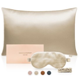 Grace & Company Silky Satin Pillowcase, Satin Sleep Mask & Satin Scrunchies Gift Set - Satin Silk Set for Hair and Skin. Ultimate Hair & Beauty Gift Set for Women - Opal