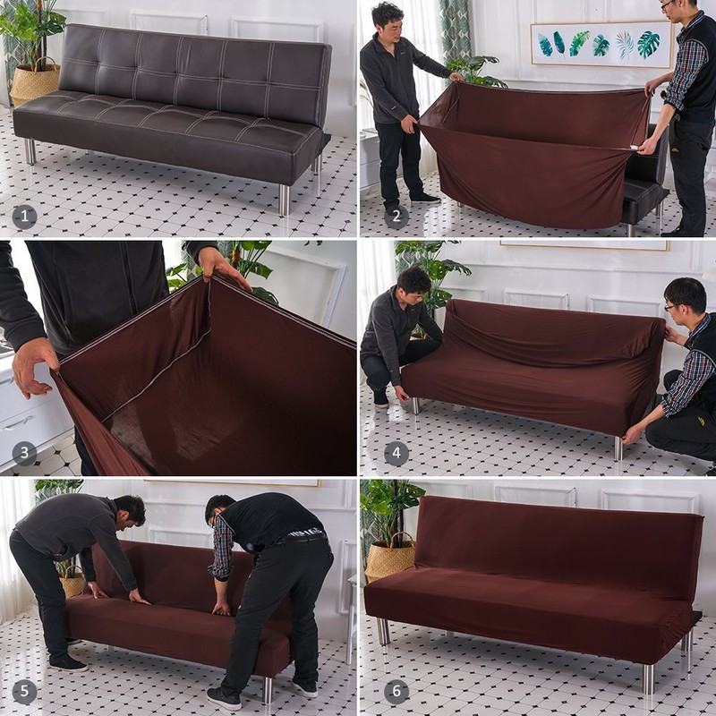 Solid Colour Armless Sofa Bed Cover Polyester Spandex Stretch Futon