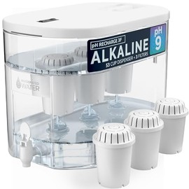 Invigorated Water - Alkaline Countertop Water Filter Dispenser, Large Cup Capacity, Mineralized Alkaline Water, BPA-Free, 96 Gallons/Filter (White, 3 Filters Included)