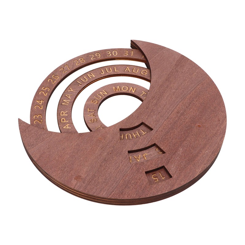 Wooden Disc Calendar Dark Brown Rotatable Disc Natural Wood Vintage