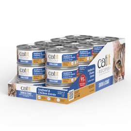 Catit Recipes Skin & Coat Chicken & Seafood Entrée – High-Protein Wet Cat Food with Tuna, Salmon, Mackerel & Chicken, Omega-3 for Skin & Coat, Prebiotics, Hydrating Bone Broth, Taurine 3oz(24/cs)