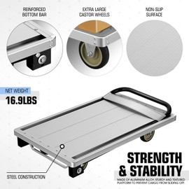 DNA MOTORING 440lbs Capacity Platform Hand Truck, 360 Degree Swivel Wheels Foldable Push Cart Dolly, Heavy Duty Folding Push Cart for Home, Workshop, Office, Warehouse, Silvery/Black, TOOLS-00748
