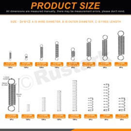 Rustark 128Pcs 16 Sizes Stainless Steel Extension Spring and Compression Spring Assortment Kit Mechanical Springs Small Spring with Hook End Tension Spring for Shop Home Repairs DIY
