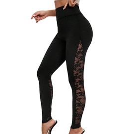 SweatyRocks Women's Casual High Waist Floral Lace Side Leggings Solid Skinny Workout Yoga Pants Black M