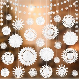PLULON 28 Pcs Christmas White Paper Snowflake Decorations, Winter Wonderland Party Decorations Snowflake Hanging Fan Banner Decorations for Birthday Xmas Holiday Supplies