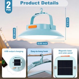 Grinsvalley 2Pcs Solar Tent Light 4500mAh Rechargeable 1700LM USB Camping Lighting with Magnetic Hanging Waterproof Portable LED Canopy Lantern 3 Lighting Modes for Emergency Power Outages(Blue)