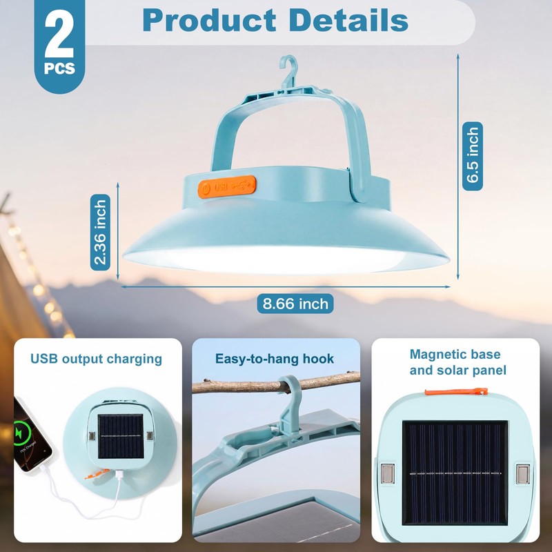 Grinsvalley 2Pcs Solar Tent Light 4500mAh Rechargeable 1700LM USB Camping