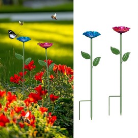 Yonisun 2 Pack Bee Watering Station,Colorful Metal Bee Bath Feeder for Garden, Butterfly Feeder and Bird Bath with Flower Design, Outdoor Yard Decor (Flower-Red, Blue)
