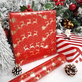 LDGOOAEL Mini Short Small Wrapping Paper Roll - Reversible Design (17" X 120") - Red with Gold Foil Reindeer & Stripes