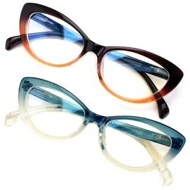 V.W.E. 2 Pairs Women Cateye Glasses Reading Readers Anti Blue Light UV Eye Protection (1 Blue 1 Brown, 4.00, multiplier_x)