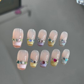 Ricefod Press on Nails Handmade French Tip Fake Nails 10 Pcs Reusable Luxury Nails with Colorful Diamonds Press on False Nails Macaron Colors Nails Set, Small Size