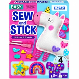 EZCRA Easy Arts and Crafts for Kids – Kit de costura para niños – 4 proyectos de costura de unicornio fáciles de hacer – Divertidas pegatinas de tela – Herramientas con instrucciones – Regalos para