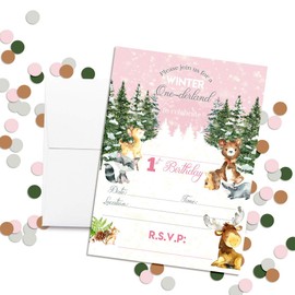 Woodland Winter Wonderland One-derland First Birthday Party Invitations for Girls, 20 5"x7" Fill In Cards with Twenty White Envelopes by AmandaCreation