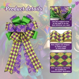 Large Mardi Gras Bows for Wreath 20x11 Inch, 2 Pack Pre-Tied Glitter Wired Burlap Ribbon Bow, Purple Gold Green Tree Topper Bow for Front Door Indoor Outdoor Spring Decoration (Gold)