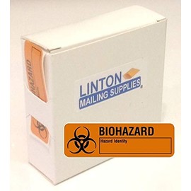 Biohazard Labels, 2.875" x .875", Fluorescent with Hazmat Identity Symbol, Adhesive, in Dispenser Box - Roll of 500 Labels