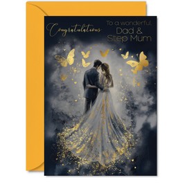 Dad & Step Mum Wedding Card - Gold Butterflies Happy Couple - Golden Marriage Congratulations Card from Son Daughter, 5x7 Inch Butterfly Well Done Congrats Gifts Greeting Cards