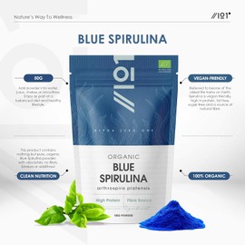 Organic Blue Spirulina Powder 50g – 100% Natural Phycocyanin for Smoothies & Recipes – Vibrant Blue Superfood – Protein-Rich – Eco-Friendly Resealable Pouch by Alpha01