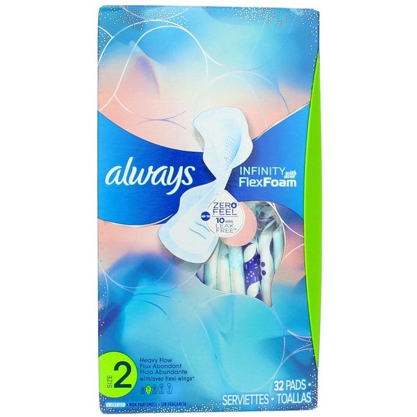 Always Infinity Size 2 Super Pads with Wings, Unscented, 32 Pads each (Value Pack of 6)