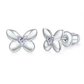 MINDDHA 14K White Gold Plated 925 Sterling Silver Posts Stud Earrings for Women | Cartilage Helix Piercing | Butterfly Earring | 7.6mm x 8.3mm, 18K White Gold Plated, No Gemstone