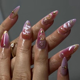 French Tip Press on nails Medium Leangth Artifical Acrylic Fake Nails Gold Stars Moon Clouds Design Almond False Nails Pink Purple Gradient Full Cover Glossy Coffin Nails Glue on Nails for Women
