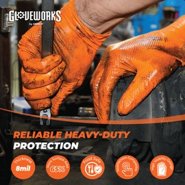 GLOVEWORKS Orange Nitrile Work Gloves, 8 Mil Disposable Heavy Duty, Raised Diamond Grip Mechanic Glove, Large 5 Boxes of 100