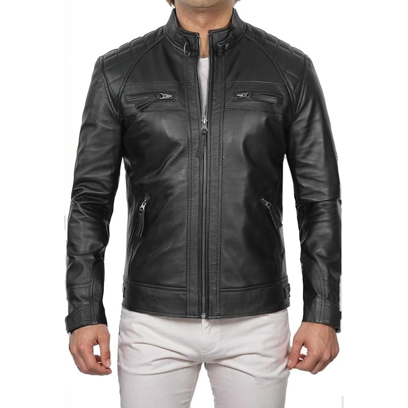 DECIMAL Men's Black Genuine Lambskin Leather Biker Jacket VINTAGE REAL