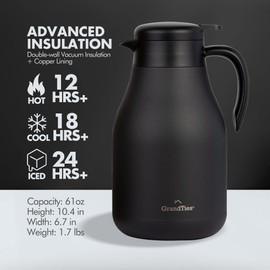 GrandTies 61oz Stainless Steel Thermal Coffee Carafe - Insulated Double Walled Vacuum Coffee Pot, Hot Water Dispenser - Thermal Bottle for Hot Drinks, 12 Hour Heat Retention (Midnight Black)