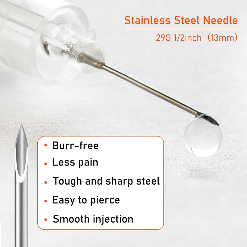 29 gauge 1cc 1/2 in(13mm) syringes with Needle,Pack of 50