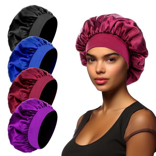 4 Pack Silk Bonnet for Sleeping,Silk Cap for Sleeping,Satin Bonnets for Black Women,Wide Soft Band Bonnet for Curly Hair(Black,Blue, Purple, Burgundy)