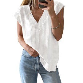Saodimallsu Womens V Neck Sweater Vest Oversized Ribbed Knit Sleeveless Casual Loose Fit Pullover Tank Top White