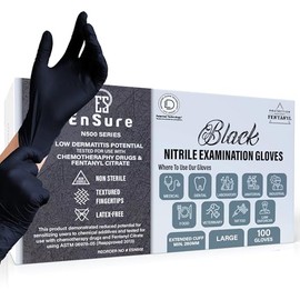 Saf-Care EnSure Nitrile Exam Gloves, Powder-Free, Latex-Free, Chemo Rated, Non-Sterile, Textured Fingertips, Heavy Duty, Medical, Surgical, Food Safe, Tattoo, Cleaning - Black, 5 Mil (100, Medium)