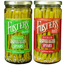 Foster's Hot Pickled Asparagus Spears in a Jar, Spicy Variety Pack, Jalapeño and Red Pepper, 16oz, 2 Pack, Traditional Pickled Vegetables Recipe over 40 years, Gluten Free, Fat and Preservative Free
