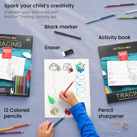 Arteza Kids Tracing Activity Book, School Supplies for Ages 6 and Up, 50 Double-Sided Sheets, 12 Double-Ended Colored Pencils, Black Marker, Eraser, Pencil Sharpener