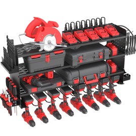 ZEAKOC Power Tool Organizer with Charging Station, 4 Layers 8 Drill Holder Wall Mount,Metal Garage Rack with 10A Power Strip,Tool Shelves with Hooks,Drill Bit Storage, for Men Dad (Black)