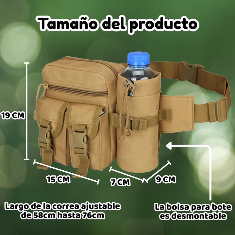 Mochila Cangurera Táctica Militar Caqui para Cintura con Porta Botella,