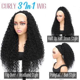 Curly Human Hair Half Wig for Black Women 180% Density 3 In 1 Half Wig Human Hair 16 Inch Spiral Curly Wear and Go Wigs with Drawstring,Natural Color Quick Install Beginners Friendly