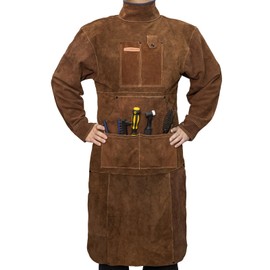 YESWELDER Leather Welding Apron with Sleeve and 6 Pockets, Heat Flame Resistant Cowhide Welder Apron, Brown, Small