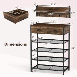 Costway 5-Tier Shoe Rack w/ Wall-Mounted Coat Rack Hooks Drawers & Shelves for Bedroom