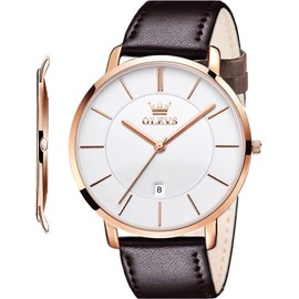 OLEVS Mens Wrist Watches Ultra Thin 6.5mm Minimalist Brown Leather White Dial Watch Business Dress Waterproof Date Slim Watches for Men