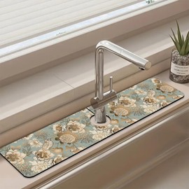 Sink Splash Guard Faucet Mat Peonies Bird and Butterflies Absorbent Fast Drying Mat Sink Gadgets Splash Guard Behind Faucet Drip Catcher for Kitchen Bathroom 23.5"X5.5"